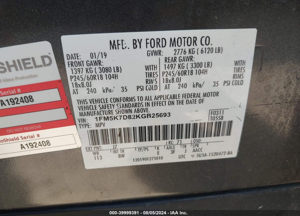 2019 FORD EXPLORER XLT VIN: 1FM5K7D82KGB25693