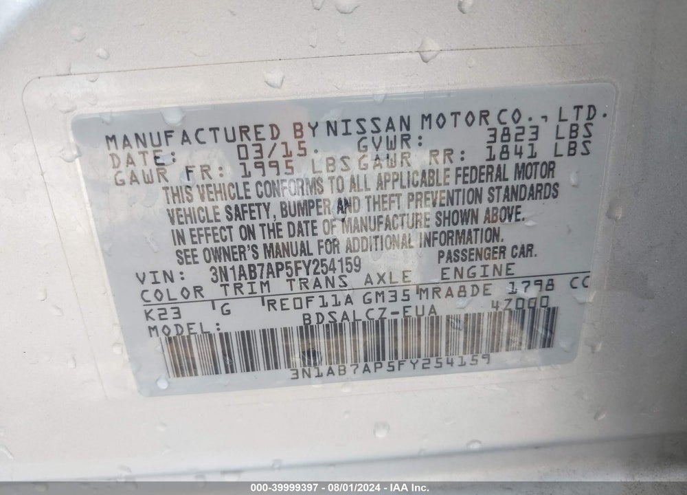 2015 NISSAN SENTRA S VIN: 3N1AB7AP5FY254159