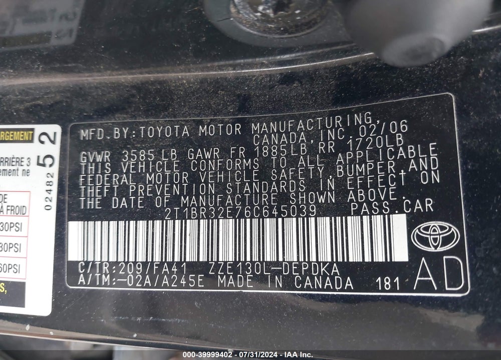 2006 TOYOTA COROLLA CE VIN: 2T1BR32E76C645039