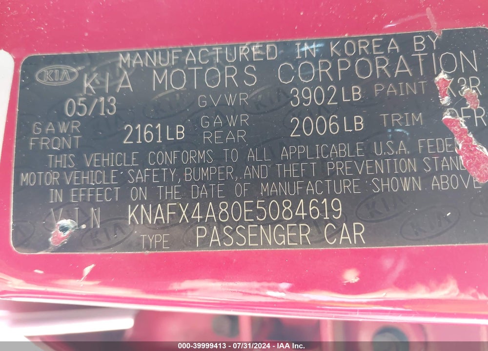 2014 KIA FORTE EX VIN: KNAFX4A80E5084619