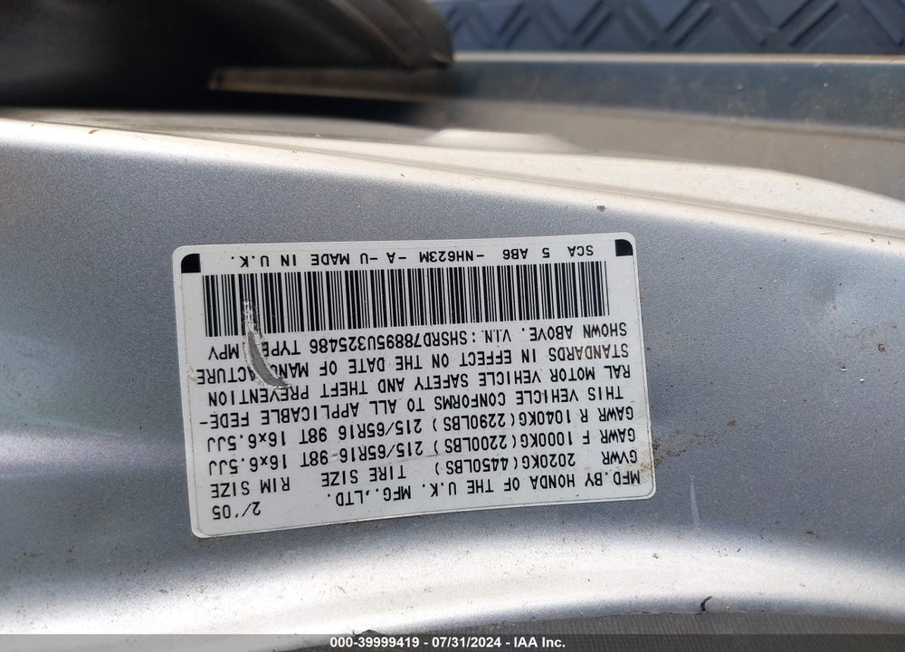 2005 HONDA CR-V EX VIN: SHSRD78895U325486