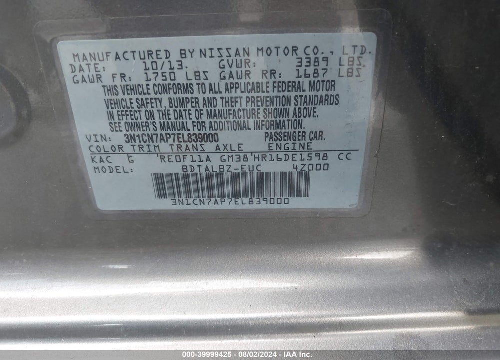 2014 NISSAN VERSA 1.6 SV VIN: 3N1CN7AP7EL839000