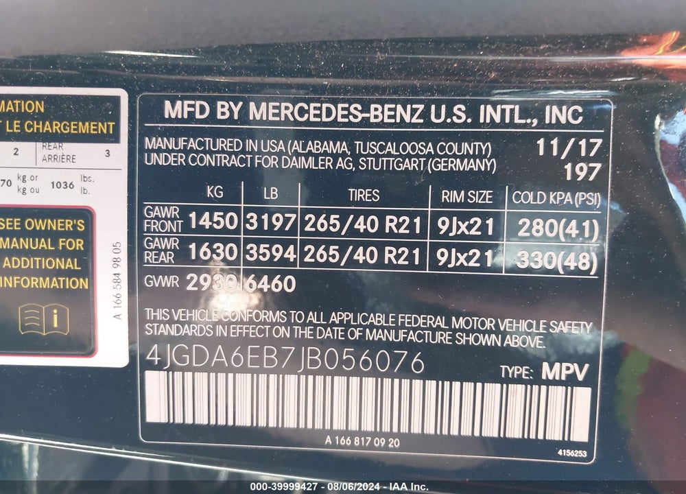 2018 MERCEDES-BENZ AMG GLE 43 4MATIC VIN: 4JGDA6EB7JB056076