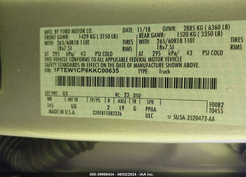 2019 FORD F-150 XLT VIN: 1FTEW1CP8KKC00635