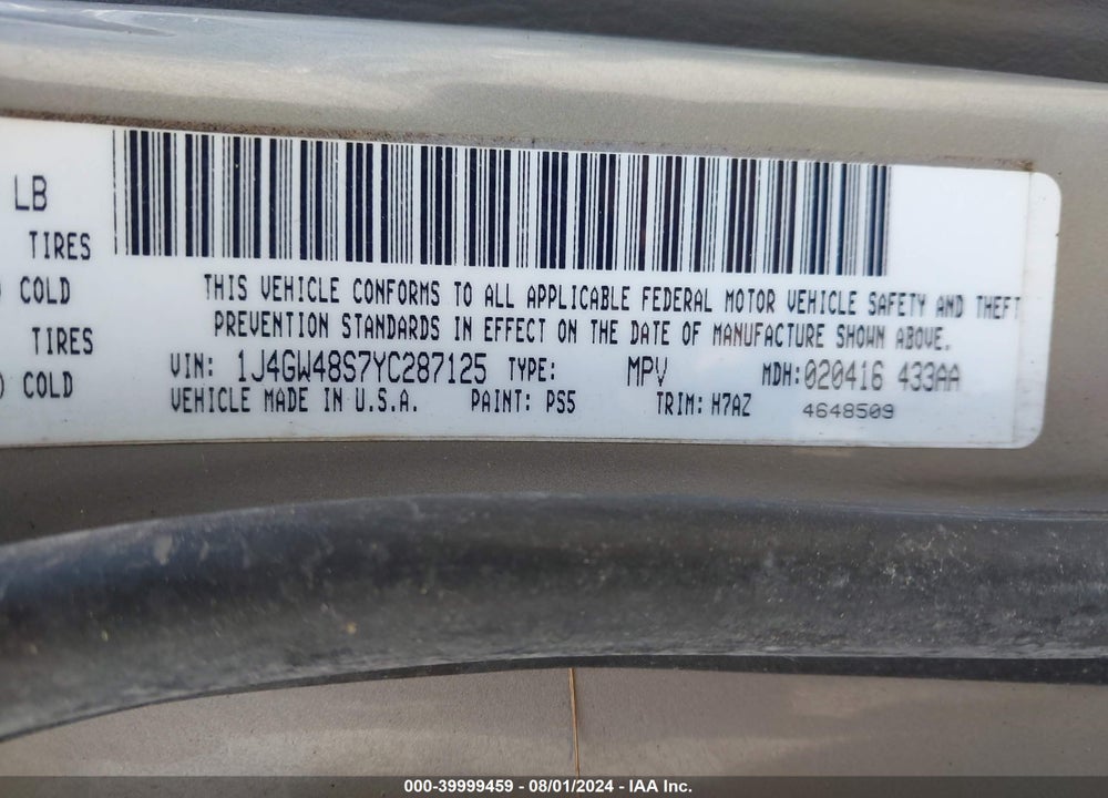 2000 JEEP GRAND CHEROKEE LAREDO VIN: 1J4GW48S7YC287125