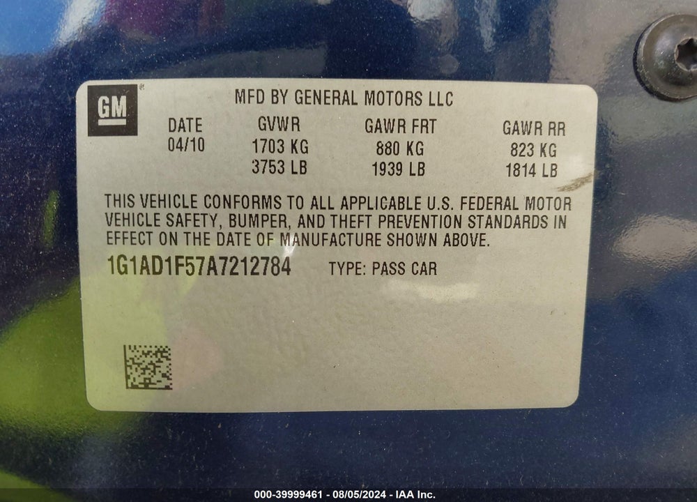 2010 CHEVROLET COBALT VIN: 1G1AD1F57A7212784