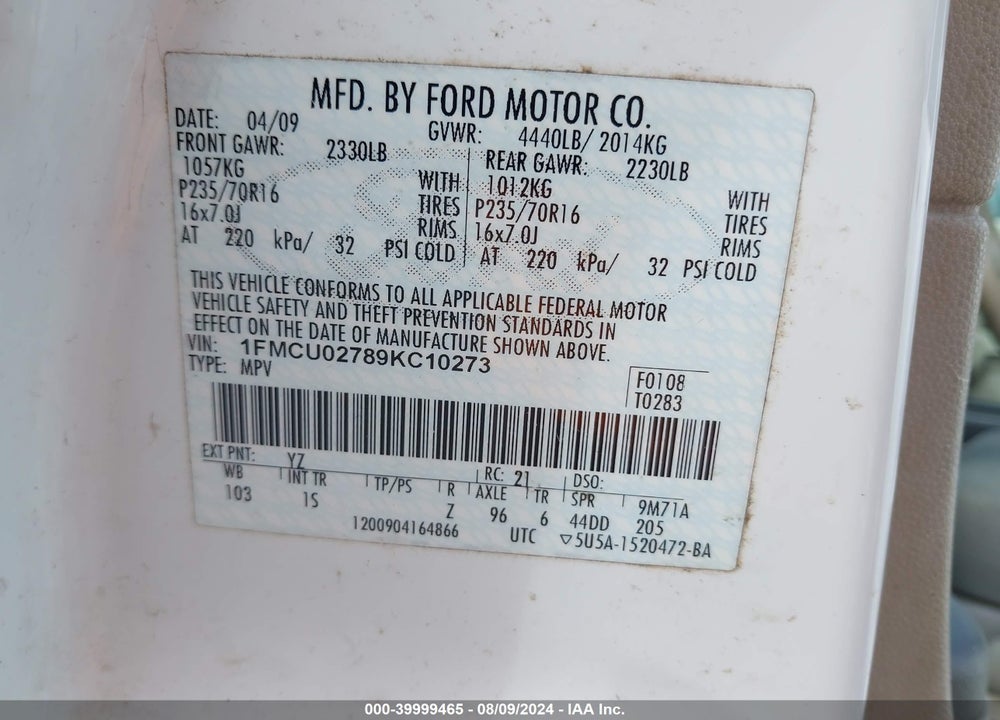 2009 FORD ESCAPE VIN: 1FMCU02789KC10273