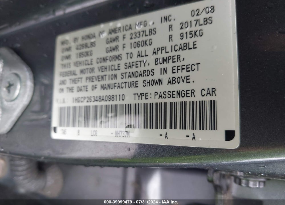 2008 HONDA ACCORD 2.4 LX VIN: 1HGCP26348A098110