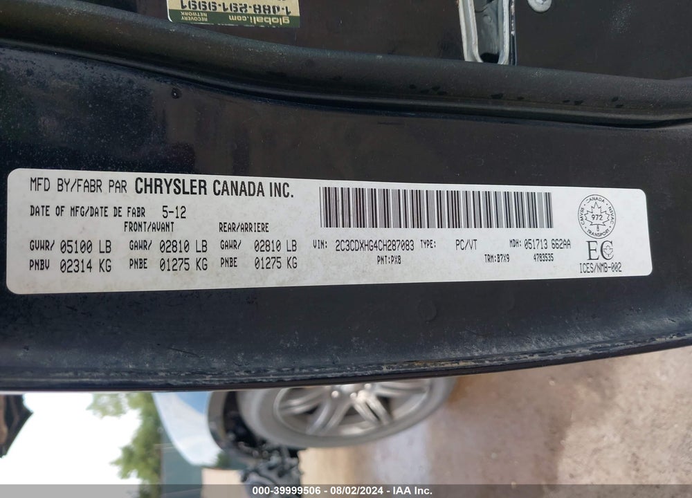 2012 DODGE CHARGER SXT VIN: 2C3CDXHG4CH287083