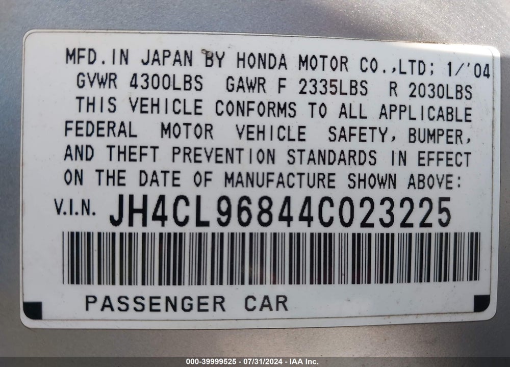 2004 ACURA TSX VIN: JH4CL96844C023225