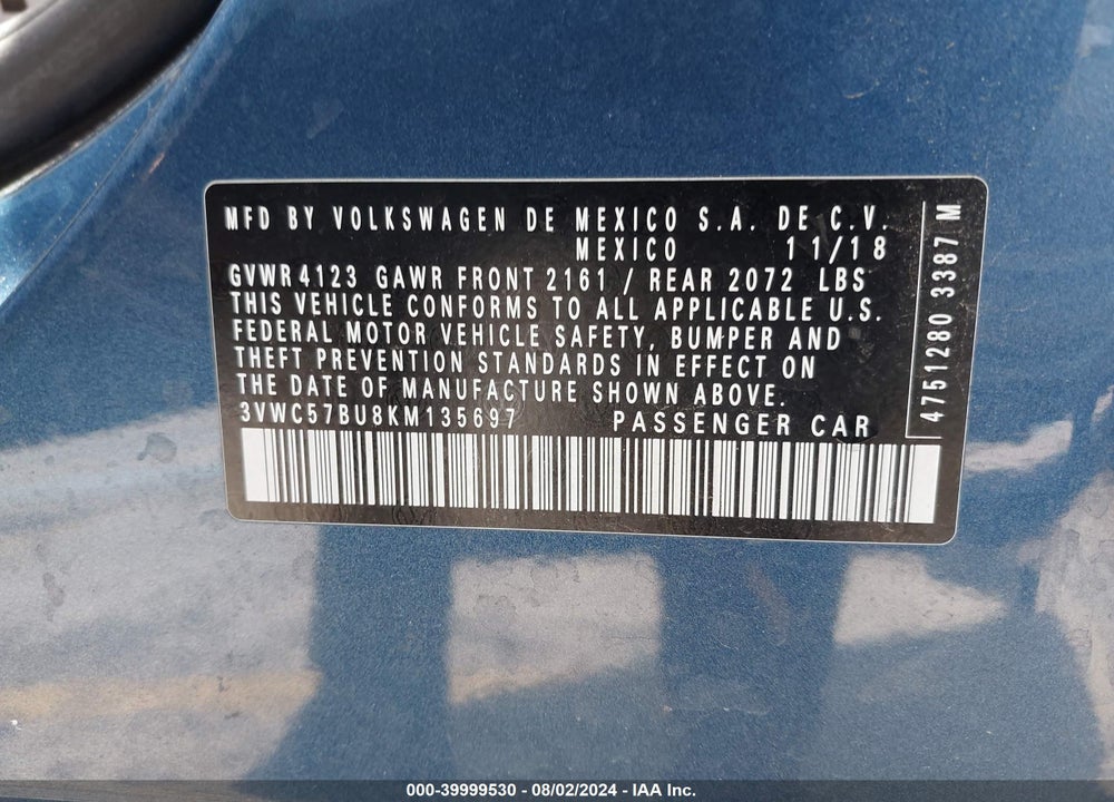2019 VOLKSWAGEN JETTA 1.4T R-LINE/1.4T S/1.4T SE VIN: 3VWC57BU8KM135697