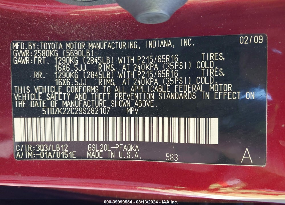 2009 TOYOTA SIENNA XLE VIN: 5TDZK22C29S282107