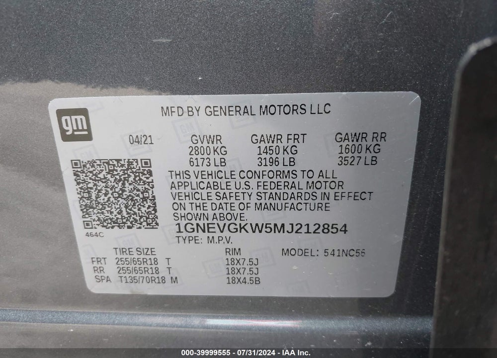 2021 CHEVROLET TRAVERSE AWD LT CLOTH VIN: 1GNEVGKW5MJ212854