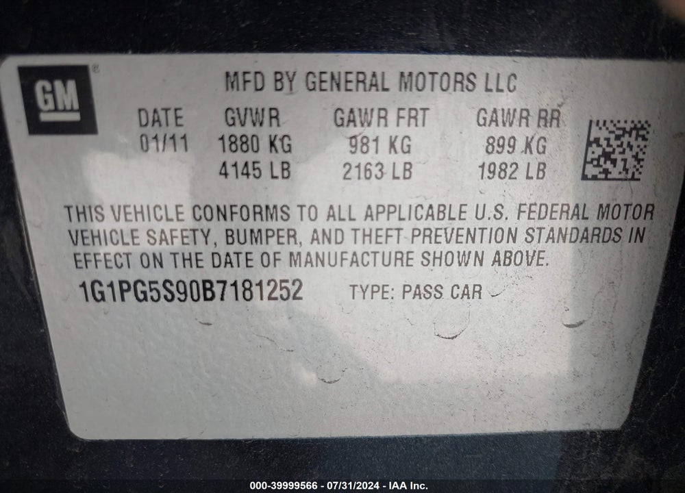 2011 CHEVROLET CRUZE 2LT VIN: 1G1PG5S90B7181252
