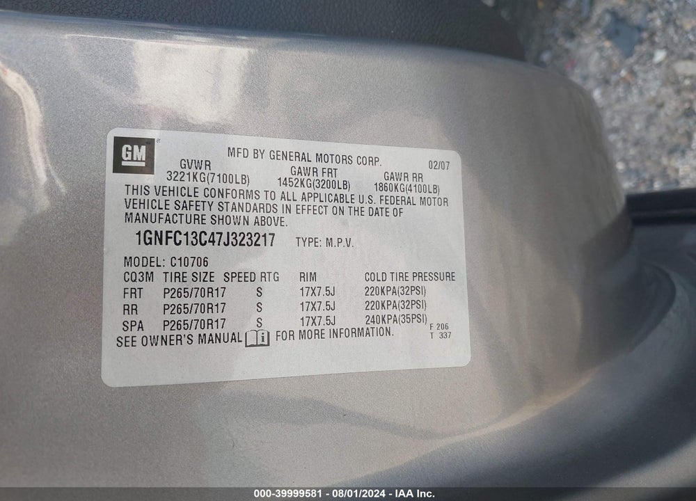 2007 CHEVROLET TAHOE LS VIN: 1GNFC13C47J323217