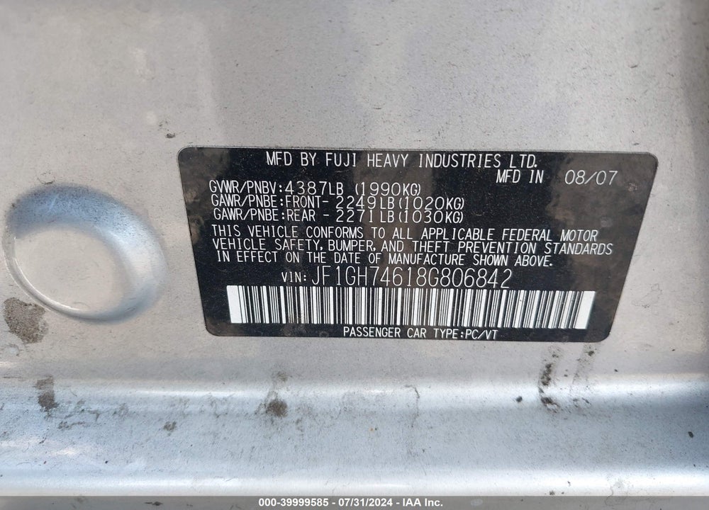 2008 SUBARU IMPREZA WRX VIN: JF1GH74618G806842