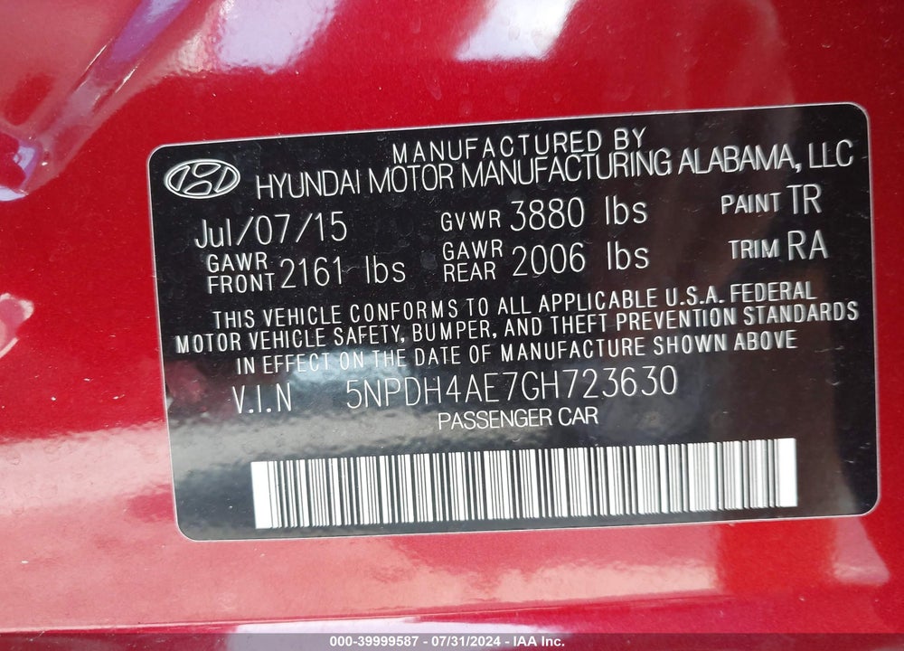 2016 HYUNDAI ELANTRA SE VIN: 5NPDH4AE7GH723630