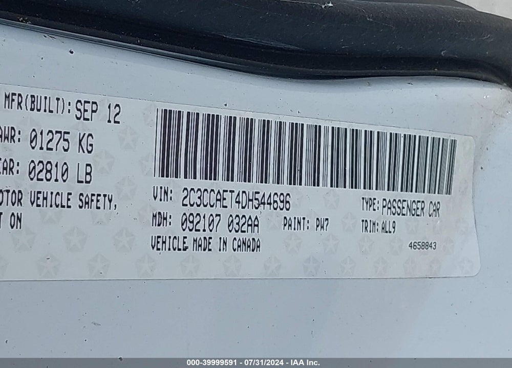 2013 CHRYSLER 300C VIN: 2C3CCAET4DH544696
