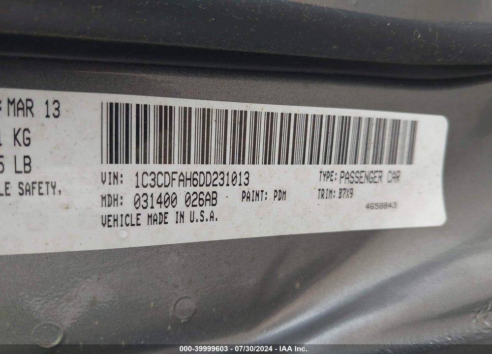 2013 DODGE DART AERO VIN: 1C3CDFAH6DD231013