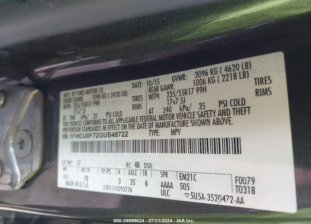 2016 FORD ESCAPE S VIN: 1FMCU0F72GUB48722