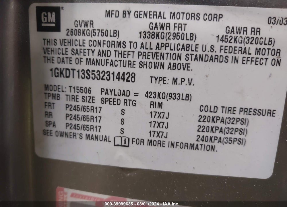 2003 GMC ENVOY SLT VIN: 1GKDT13S532314428