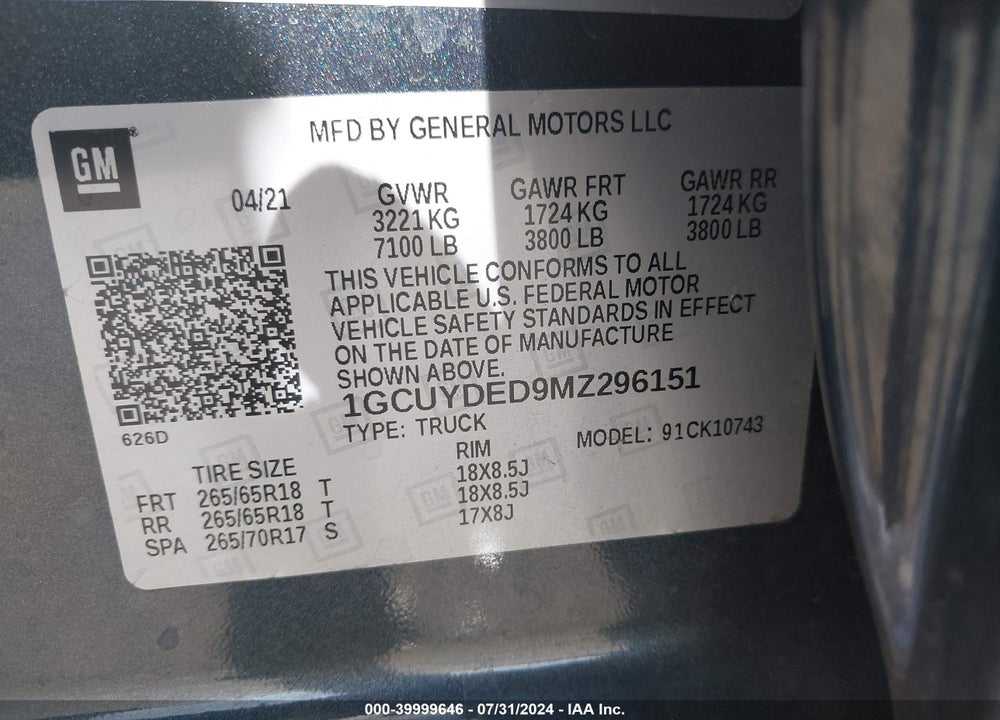 2021 CHEVROLET SILVERADO 1500 4WD STANDARD BED LT VIN: 1GCUYDED9MZ296151