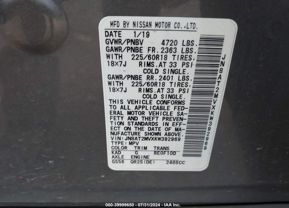 2019 NISSAN ROGUE SV VIN: JN8AT2MVXKW392969