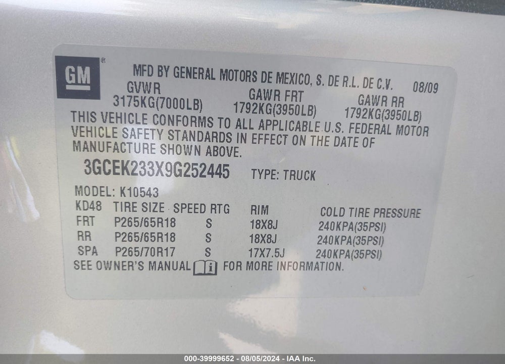 2009 CHEVROLET SILVERADO 1500 LT VIN: 3GCEK233X9G252445