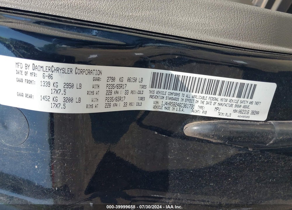 2006 JEEP GRAND CHEROKEE LIMITED VIN: 1J4HR58246C361731