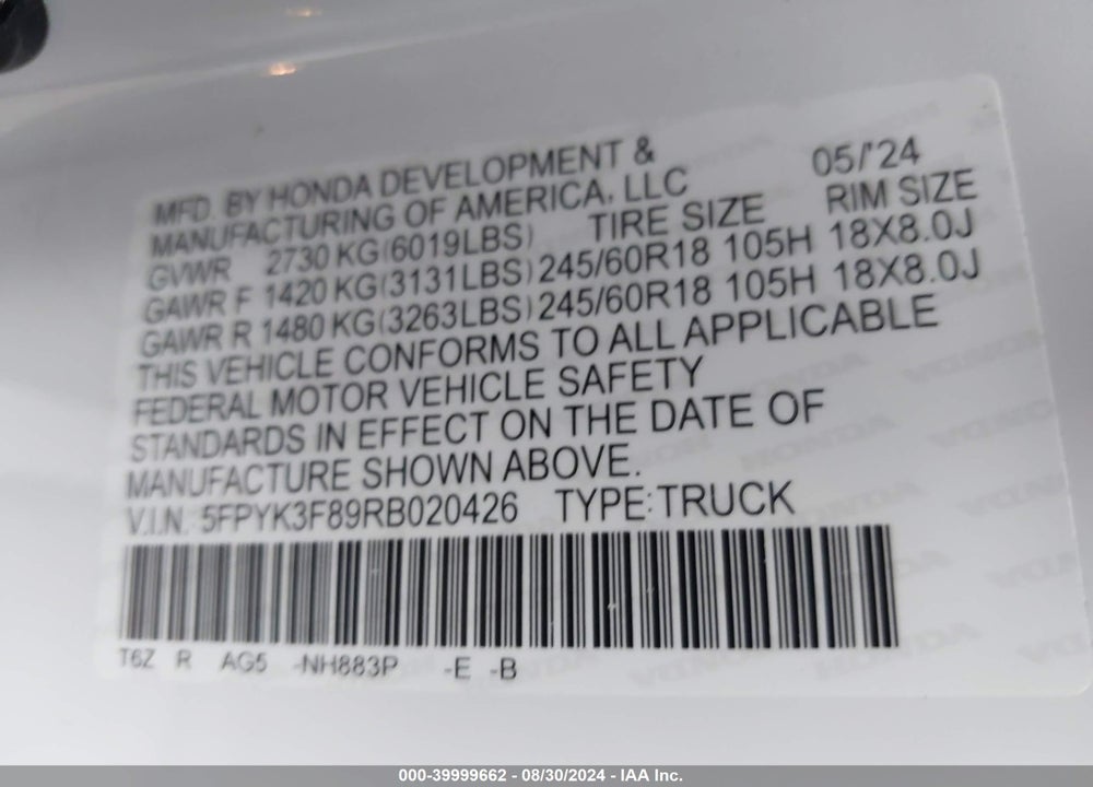 2024 HONDA RIDGELINE BLACK EDITION VIN: 5FPYK3F89RB020426