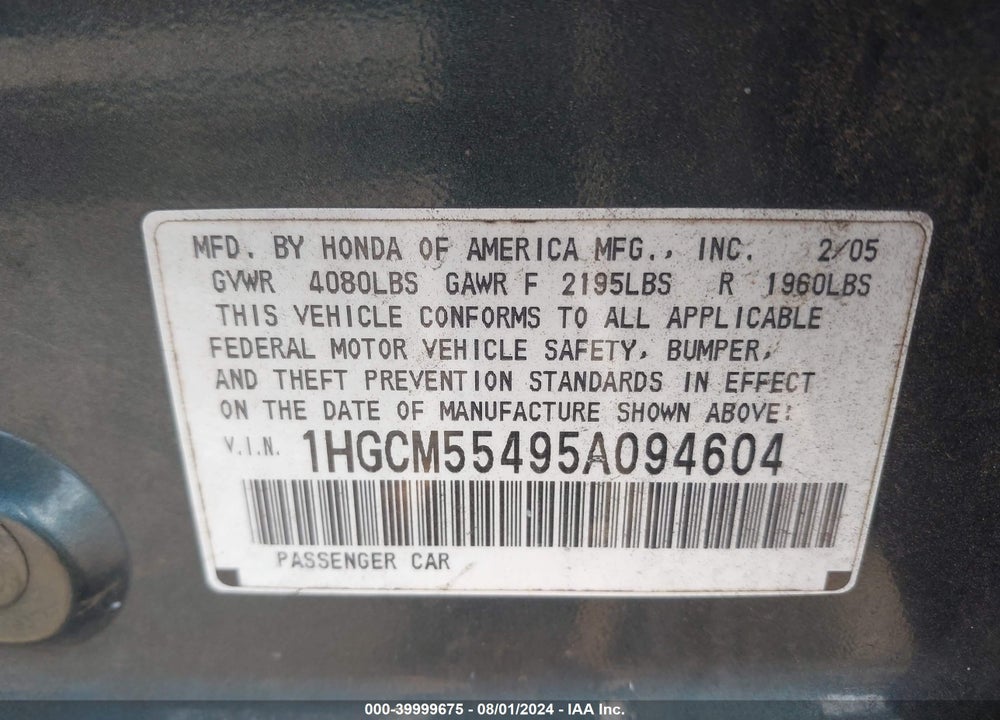 2005 HONDA ACCORD 2.4 LX VIN: 1HGCM55495A094604