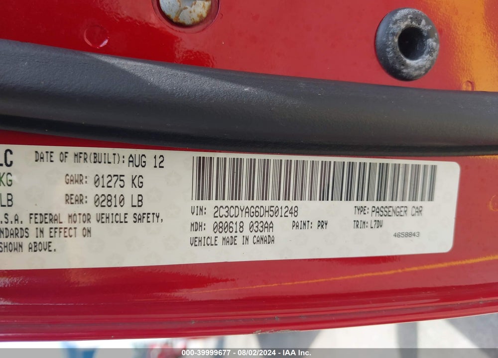 2013 DODGE CHALLENGER SXT VIN: 2C3CDYAG6DH501248