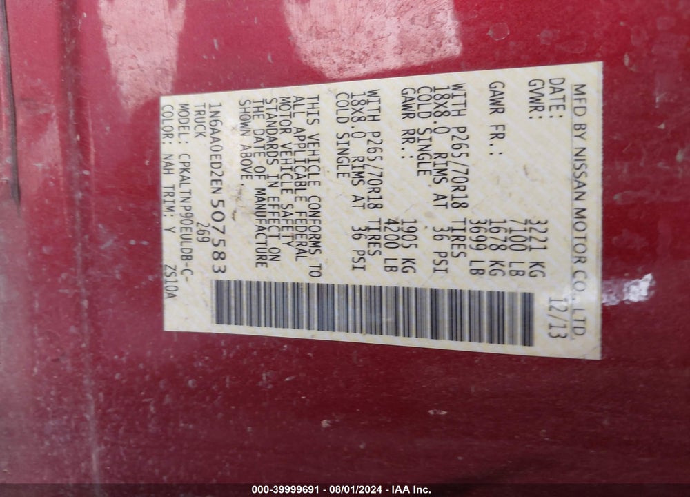 2014 NISSAN TITAN SV VIN: 1N6AA0ED2EN507583