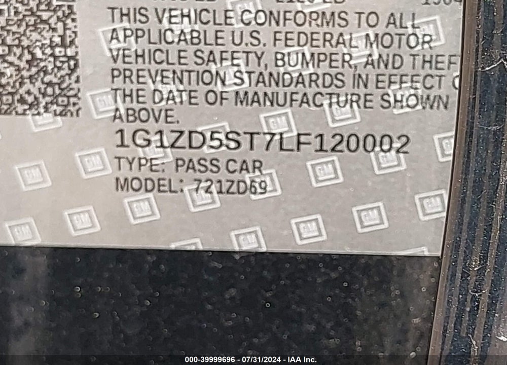 2020 CHEVROLET MALIBU FWD LT VIN: 1G1ZD5ST7LF120002