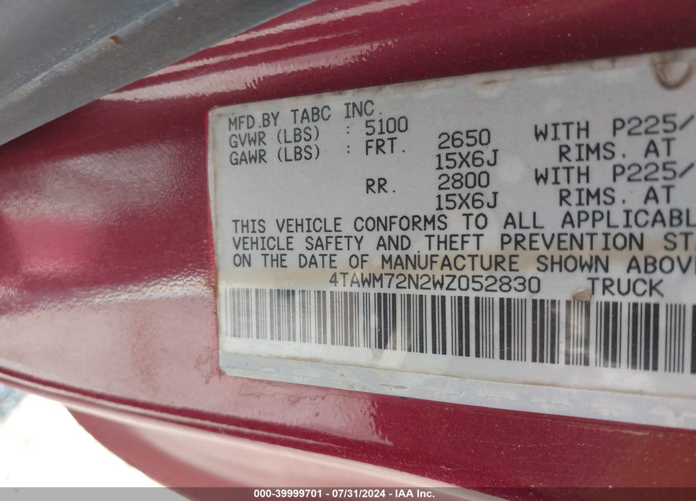 1998 TOYOTA TACOMA VIN: 4TAWM72N2WZ052830