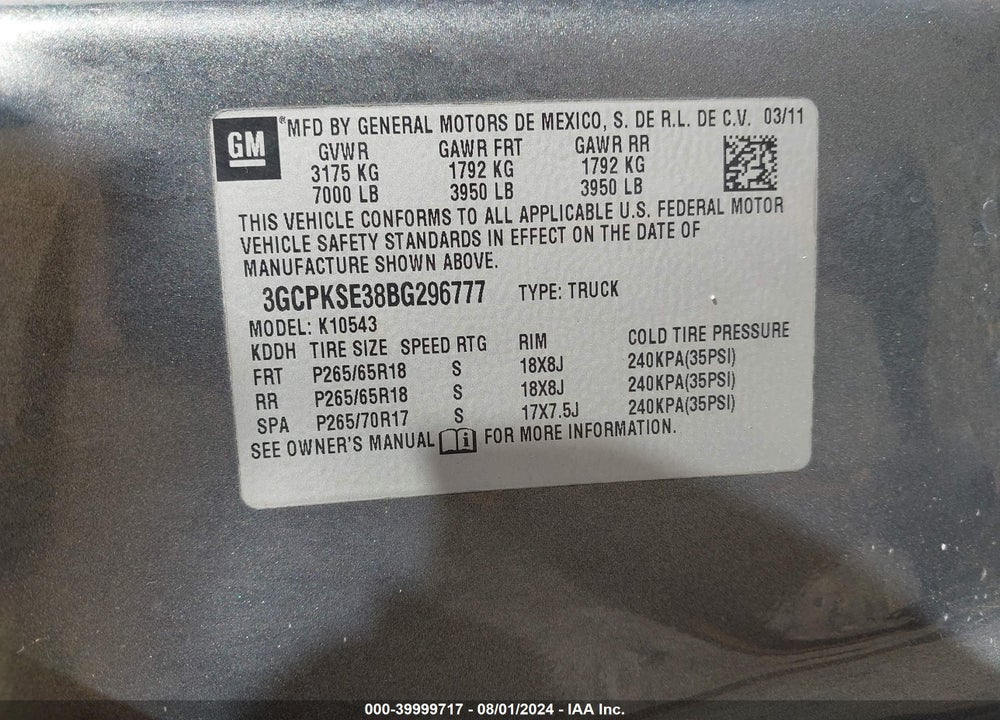 2011 CHEVROLET SILVERADO 1500 LT VIN: 3GCPKSE38BG296777