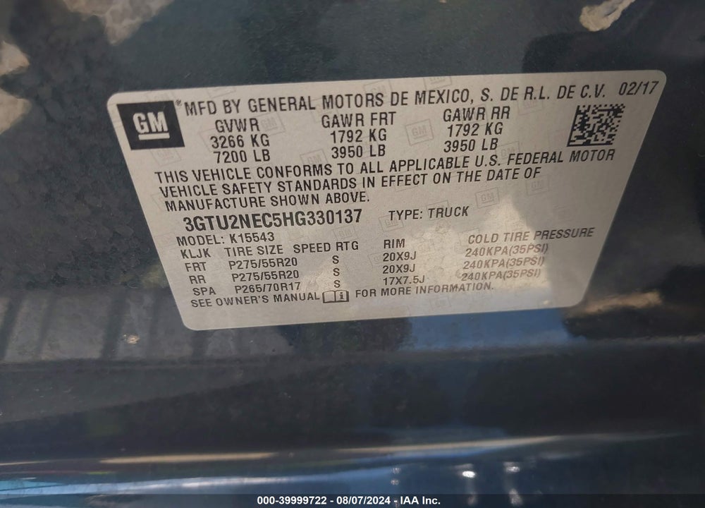 2017 GMC SIERRA 1500 SLT VIN: 3GTU2NEC5HG330137