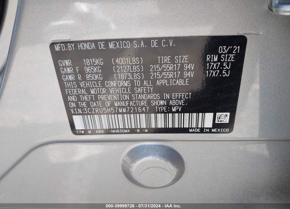 2021 HONDA HR-V 2WD EX VIN: 3CZRU5H57MM721647
