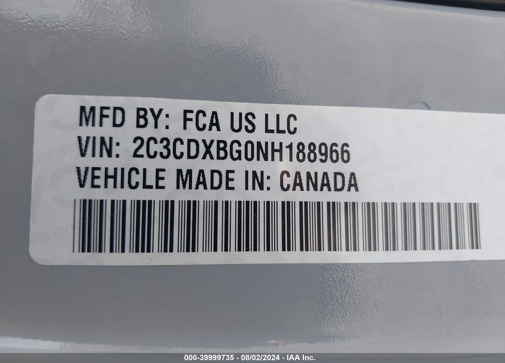 2022 DODGE CHARGER SXT RWD VIN: 2C3CDXBG0NH188966