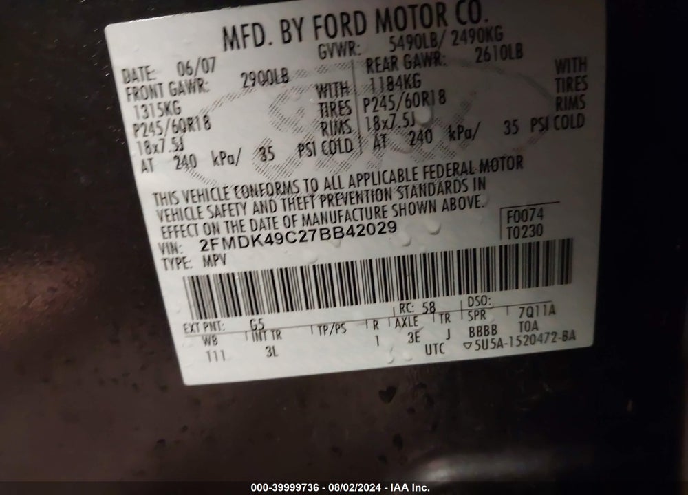 2007 FORD EDGE SEL PLUS VIN: 2FMDK49C27BB42029