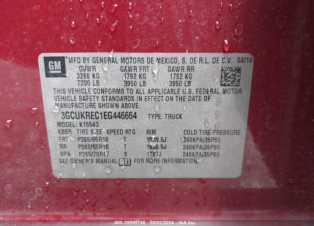 2014 CHEVROLET SILVERADO 1500 1LT VIN: 3GCUKREC1EG446664