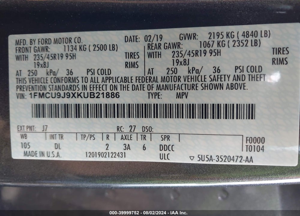 2019 FORD ESCAPE VIN: 1FMCU9J9XKUB21886