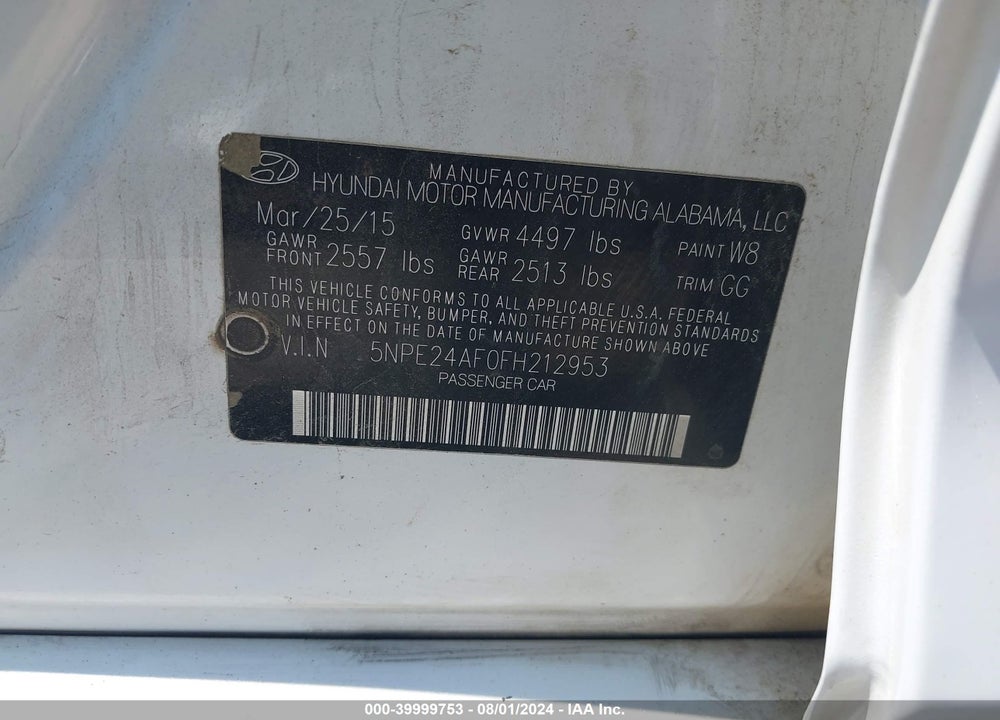 2015 HYUNDAI SONATA SE VIN: 5NPE24AF0FH212953
