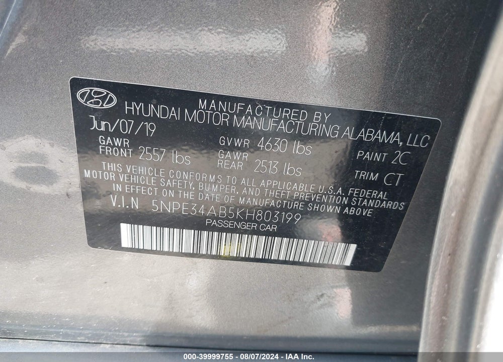 2019 HYUNDAI SONATA LIMITED 2.0T VIN: 5NPE34AB5KH803199