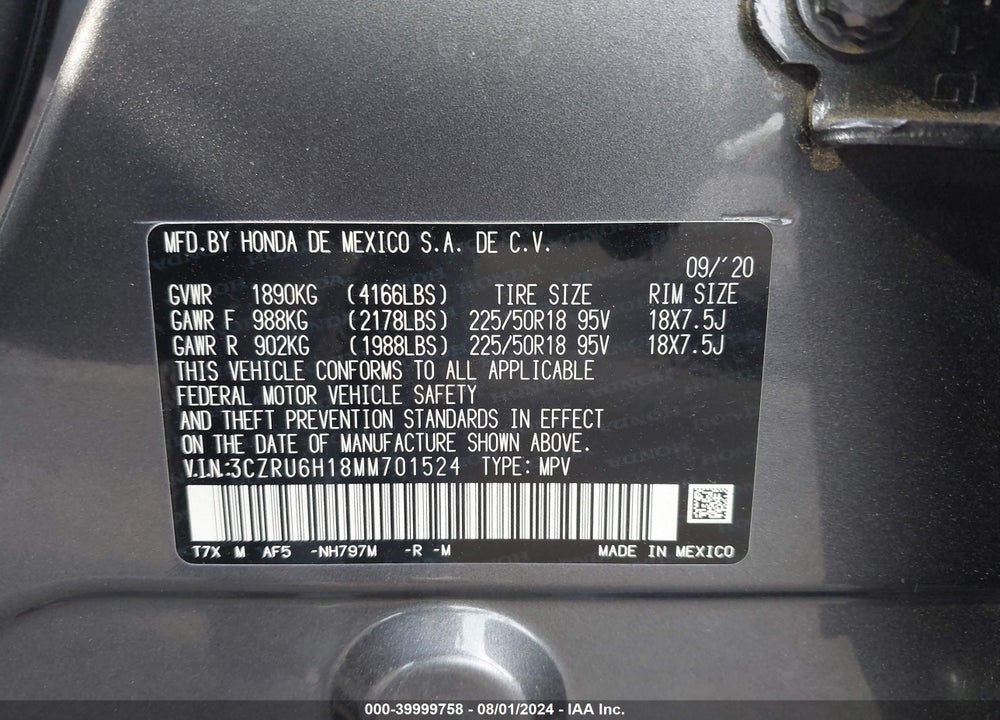 2021 HONDA HR-V AWD SPORT VIN: 3CZRU6H18MM701524