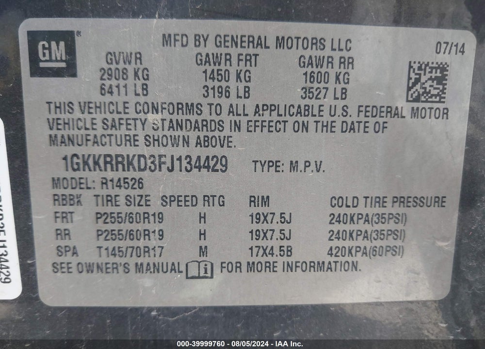 2015 GMC ACADIA SLT-1 VIN: 1GKKRRKD3FJ134429