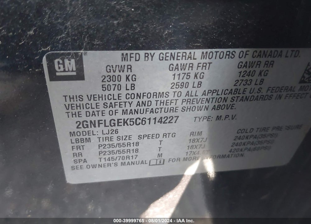 2012 CHEVROLET EQUINOX LTZ VIN: 2GNFLGEK5C6114227