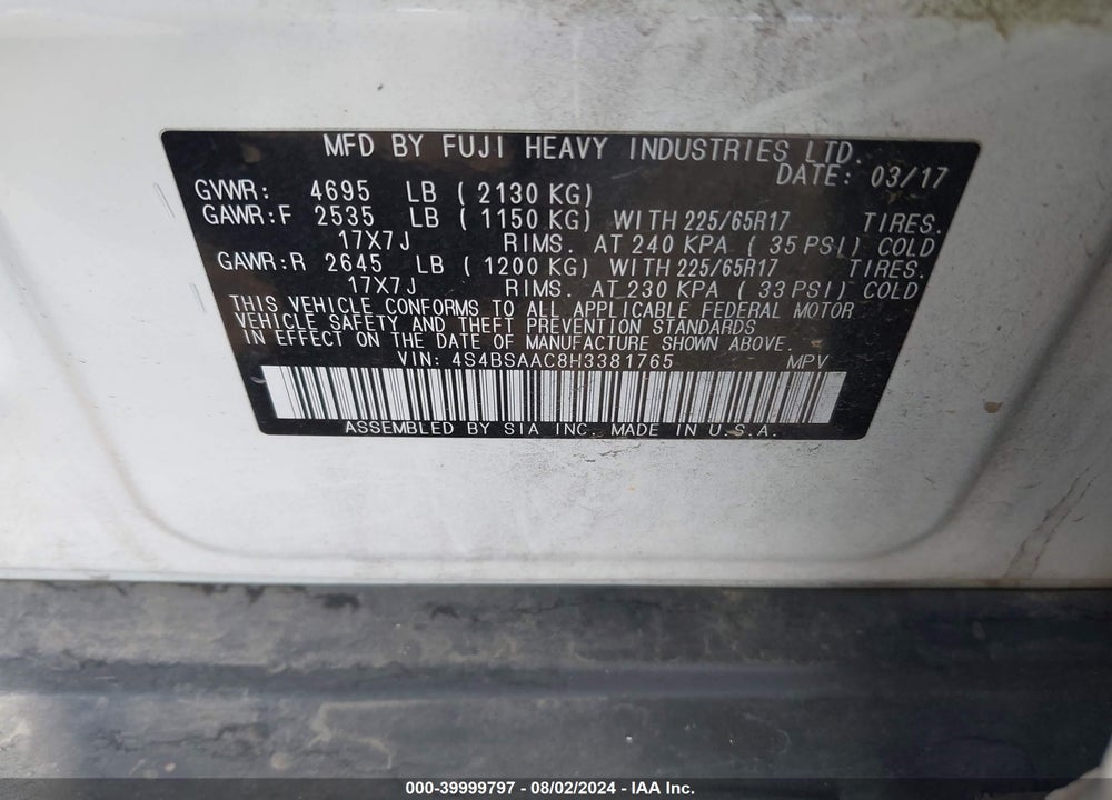 2017 SUBARU OUTBACK VIN: 4S4BSAAC8H3381765
