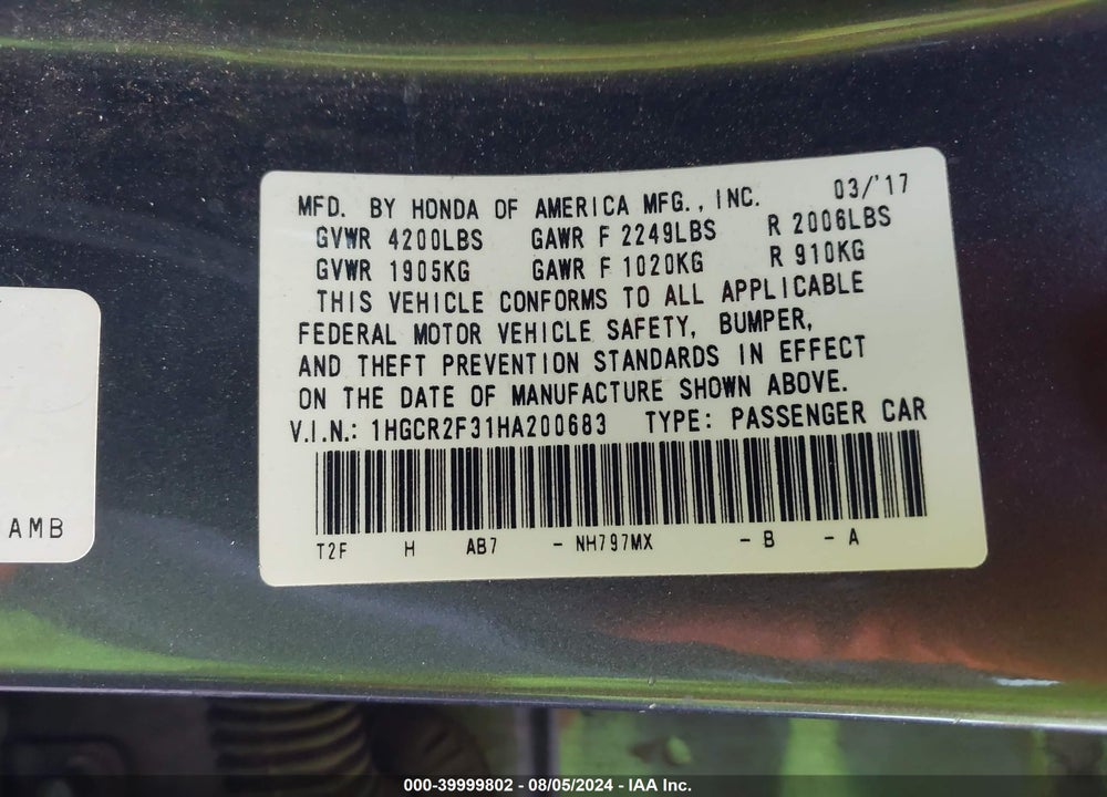 2017 HONDA ACCORD LX VIN: 1HGCR2F31HA200683