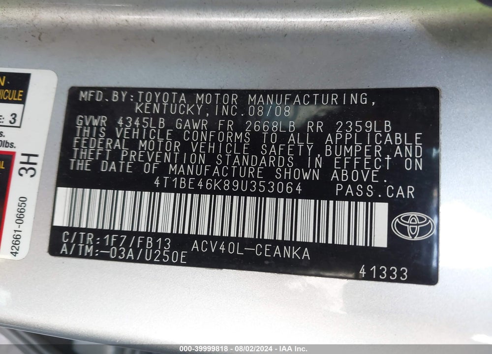 2009 TOYOTA CAMRY LE VIN: 4T1BE46K89U353064